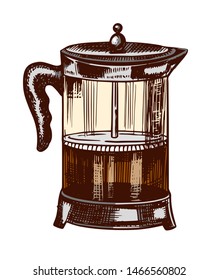 French press for making coffee in vintage style. Hand drawn engraved retro sketch for labels. Brewing cappuccino or espresso, template for a label or menu.