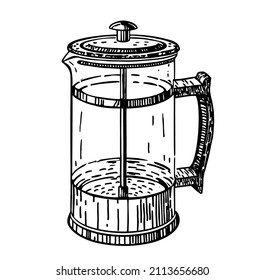 French press for making coffee in vintage style. Tea teapot with press. Barista coffee preparation service concept. Sketch style vector illustration. Brewing cappuccino or espresso. For label or menu