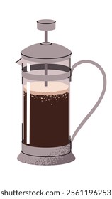 French Press for Making Tea or Coffee. Equipment for brewing hot coffee drinks. Flat cartoon illustration isolated on white background