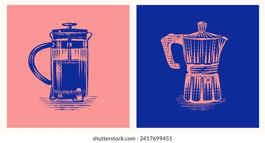 french press and moka pot Engraving coffee illustration premium