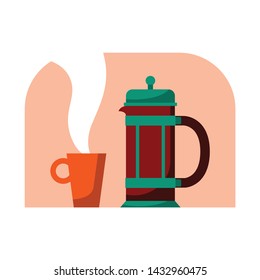 French press with mug. Modern style flat cartoon vector illustration. Coffee pot for happy International or national Coffee Day. Suitable for greeting card, poster and banner background
