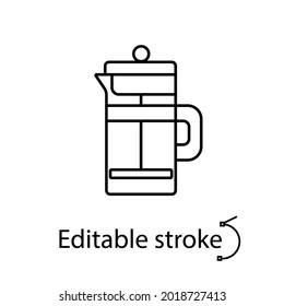 French press outline icon. Coffee and tea equipment. Customizable linear contour symbol. Editable stroke. Isolated vector stock illustration