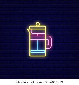 French press outline neon icon. Coffee and tea equipment. Night bright signboard. Outer glowing effect. Editable stroke. Isolated vector stock illustration