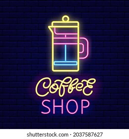 French press outline neon icon. Coffee shop brush lettering. Night bright signboard. Outer glowing effect banner. Editable stroke. Isolated vector stock illustration