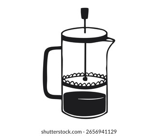 French press with plunger and coffee grounds. Black and white hand-drawn illustration isolated on white background. Coffee brewing equipment concept for design and print