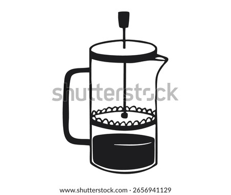 French press with plunger and coffee grounds. Black and white hand-drawn illustration isolated on white background. Coffee brewing equipment concept for design and print