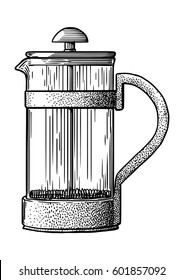 French press pot coffee maker illustration, drawing, engraving, ink, line art, vector