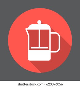 French press pot flat icon. Round colorful button, circular vector sign with long shadow effect. Flat style design