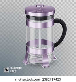 French press pot made of glass bulb in stainless body with black handle. Perfect for brewing tea or coffee. Isolated on transparent background