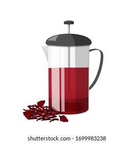 French press with red hibiscus tea inside. Realistic vector illustration isolated on white background.