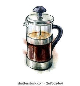 Französische Presse - ein einfaches Gerät zum Kaffeehaus. Zeichentrickskizze mit Aquarellfarben und Zeilenzeichnung in separaten Schichten einzeln auf weißem Hintergrund. EPS10 Vektorgrafik.