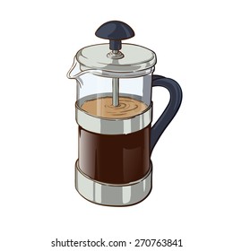 French press - a simple device for brewing coffee. Outline sketch with color and shading in separate layers isolated on white background. EPS10 vector illustration.