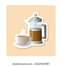 French Press sticker illustration. Cup, saucer, coffee, utensil, steam. Editable vector graphic design.