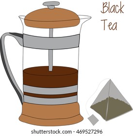 French press and tea bag vector illustration, 2d, iconic appearance.
