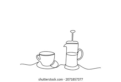 French press with tea cup line art. Digital illustration for cafe.