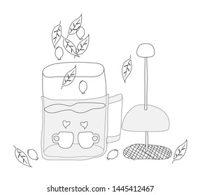 French press with tea leaves and berries