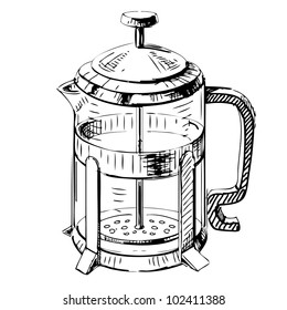 French press tea pot. Hand drawing sketch vector illustration