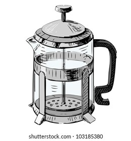 French press tea pot. Hand drawing sketch vector illustration