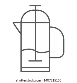 French press thin line icon, kitchen and drink, pot sign, vector graphics, a linear pattern on a white background, eps 10.