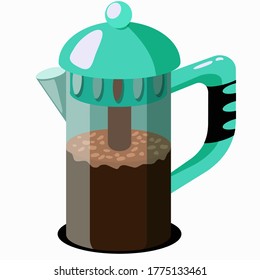 Prensa francesa en vector. Prensa francesa de color verde con café caliente aislado en fondo blanco