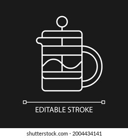French press white linear icon for dark theme. Household pot for brewing drink. Barista accessories. Thin line customizable illustration. Isolated vector contour symbol for night mode. Editable stroke