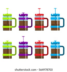 french press,coffeemaker,preparation of coffee,vector image, flat design