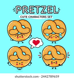 Französische Brezel Zeichen Bündel Set. Vektor Hand gezeichnete Doodle Stil Cartoon Figur Illustration Icon Design. Isolierter blauer Hintergrund. Nette französische Brezel Maskottchen Charaktersammlung