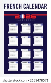 French Printable 2026 Wall Calendar Vector Template for Multipurpose