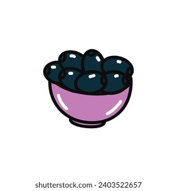 French product of food colorful set. The design highlights plump, juicy dark olives, a hallmark of French gastronomy, against a pristine white canvas. Vector illustration.