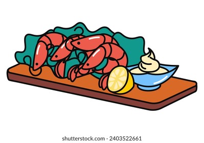 French product of food colorful set. This captivating illustration showcases succulent shrimp, a culinary delight, set against an elegant white backdrop. Vector illustration.