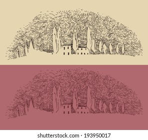 French province, Van Gogh, wine label design, architecture, vintage engraved illustration, hand drawn, sketch