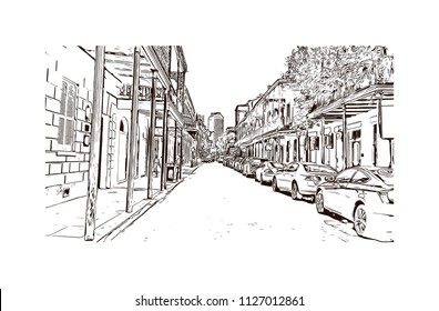 The French Quarter, Historic District, Is The Oldest Section Of The City Of New Orleans. Hand Drawn Sketch Illustration In Vector.