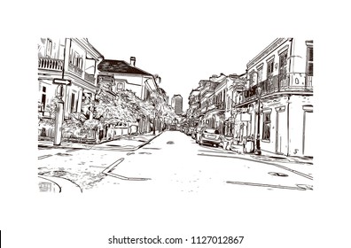 The French Quarter, Historic District, Is The Oldest Section Of The City Of New Orleans. Hand Drawn Sketch Illustration In Vector.