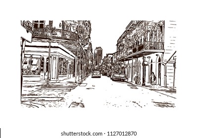 The French Quarter, Historic District, Is The Oldest Section Of The City Of New Orleans. Hand Drawn Sketch Illustration In Vector.