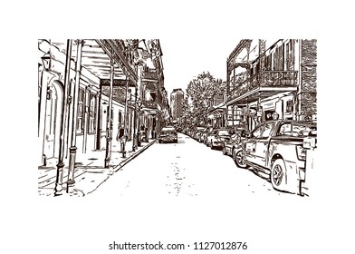 The French Quarter, Historic District, Is The Oldest Section Of The City Of New Orleans. Hand Drawn Sketch Illustration In Vector.