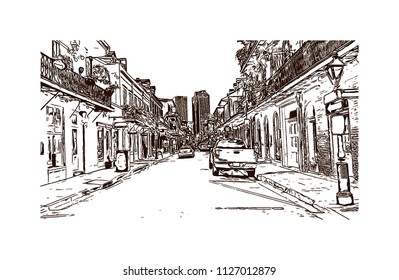 The French Quarter, Historic District, Is The Oldest Section Of The City Of New Orleans. Hand Drawn Sketch Illustration In Vector.