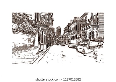 The French Quarter, Historic District, Is The Oldest Section Of The City Of New Orleans. Hand Drawn Sketch Illustration In Vector.