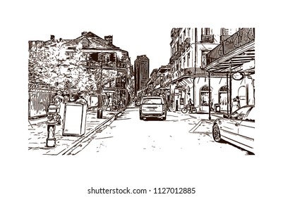 The French Quarter, Historic District, Is The Oldest Section Of The City Of New Orleans. Hand Drawn Sketch Illustration In Vector.