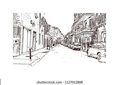 The French Quarter, Historic District, Is The Oldest Section Of The City Of New Orleans. Hand Drawn Sketch Illustration In Vector.