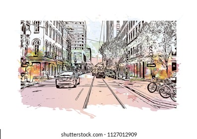 The French Quarter, Historic District, is the oldest section of the City of New Orleans. Watercolor splash with Hand drawn sketch illustration in vector.