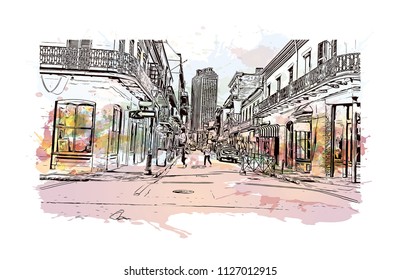 The French Quarter, Historic District, is the oldest section of the City of New Orleans. Watercolor splash with Hand drawn sketch illustration in vector.