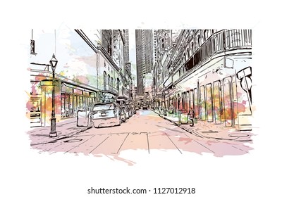 The French Quarter, Historic District, is the oldest section of the City of New Orleans. Watercolor splash with Hand drawn sketch illustration in vector.