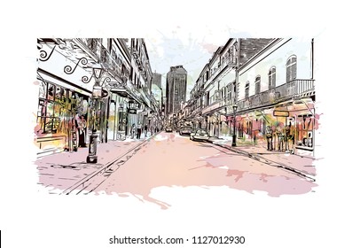 The French Quarter, Historic District, is the oldest section of the City of New Orleans. Watercolor splash with Hand drawn sketch illustration in vector.