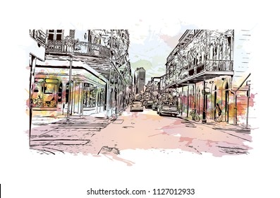 The French Quarter, Historic District, is the oldest section of the City of New Orleans. Watercolor splash with Hand drawn sketch illustration in vector.