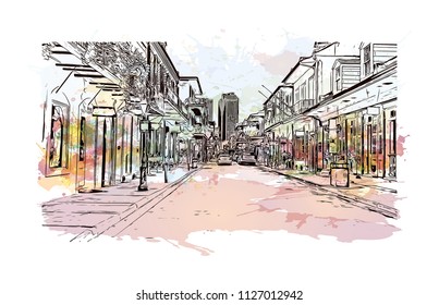 The French Quarter, Historic District, is the oldest section of the City of New Orleans. Watercolor splash with Hand drawn sketch illustration in vector.