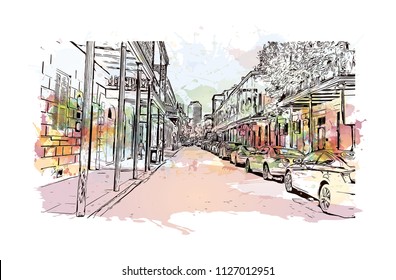 The French Quarter, Historic District, Is The Oldest Section Of The City Of New Orleans. Watercolor Splash With Hand Drawn Sketch Illustration In Vector.