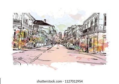 The French Quarter, Historic District, Is The Oldest Section Of The City Of New Orleans. Watercolor Splash With Hand Drawn Sketch Illustration In Vector.