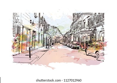 The French Quarter, Historic District, is the oldest section of the City of New Orleans. Watercolor splash with Hand drawn sketch illustration in vector.