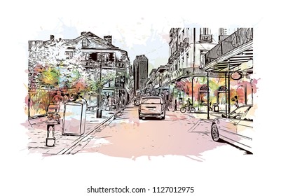 The French Quarter, Historic District, is the oldest section of the City of New Orleans. Watercolor splash with Hand drawn sketch illustration in vector.