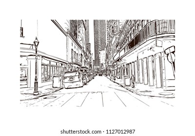 The French Quarter, Historic District, is the oldest section of the City of New Orleans. Hand drawn sketch illustration in vector.